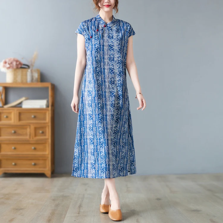 Summer New Vintage Chinese Sle  Wax Print Knee-Length round Collar Svel Low Slit Women's Traditional Costume