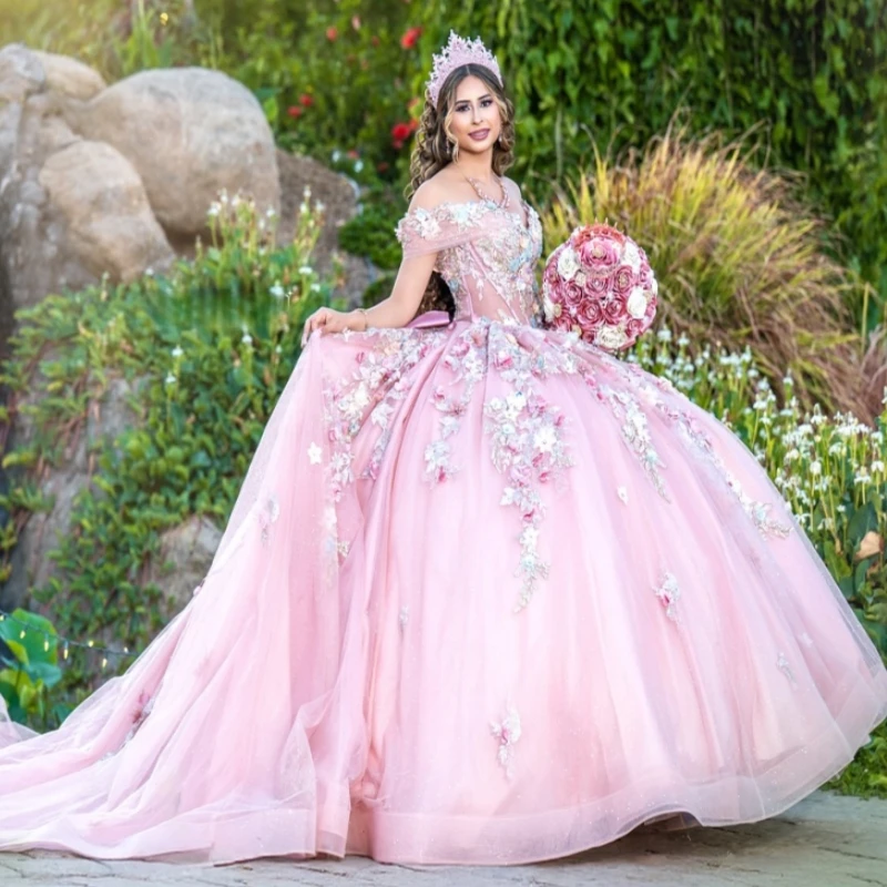 

Pink Shiny Quinceanera Dresses Ball Gown Off The Shoulder Applique Flower Bow Beading Tull Corset Party Birthday vestidos 15 de