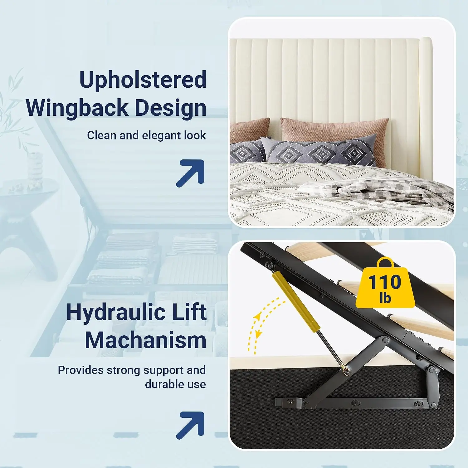Queen Size Lift Up Storage Bed Frame Channel Tufted Headboard Cream | Hydraulic Support System,Upholstered Platform, Customized - view 5