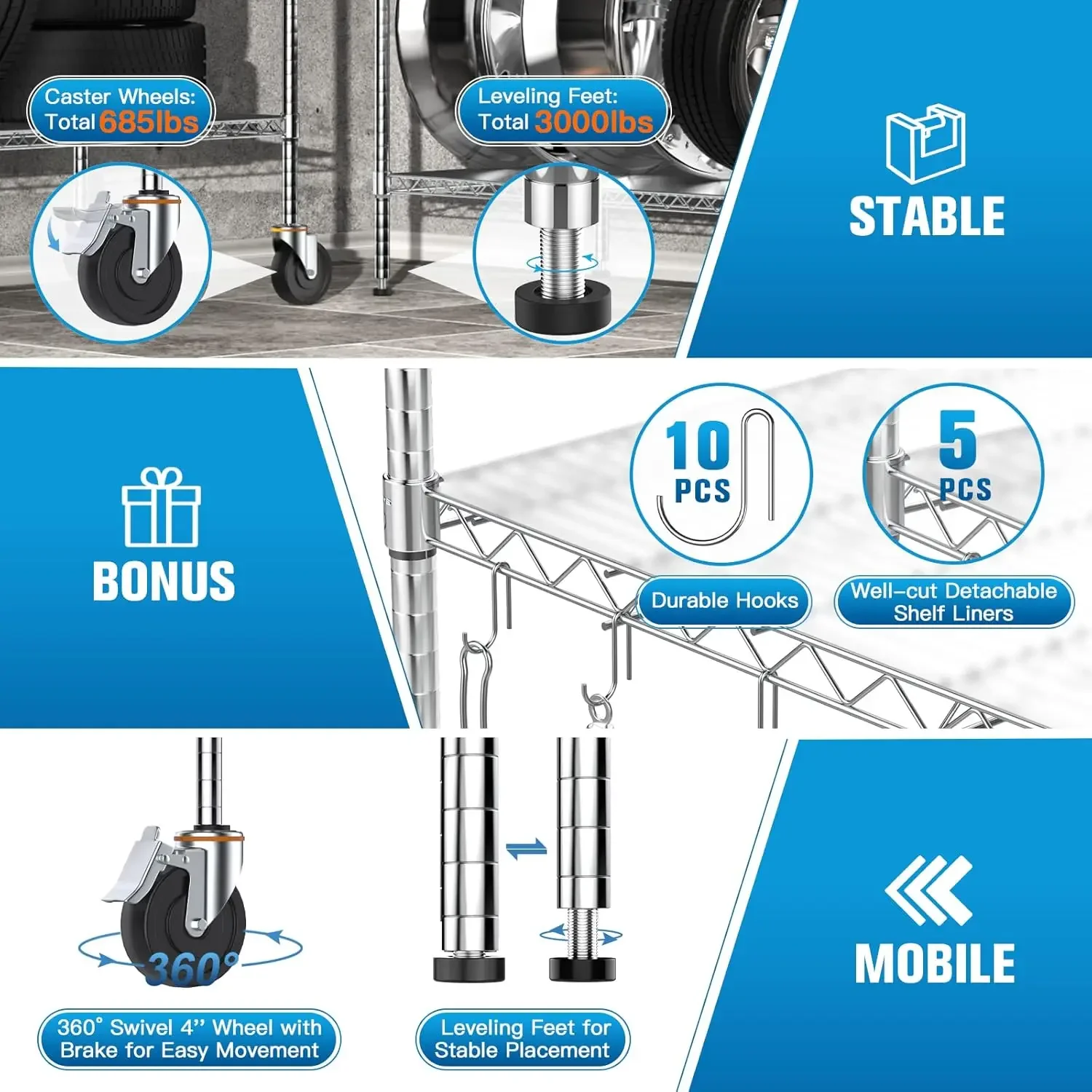 Étagère de rangement en métal avec roulettes, mise en œuvre par fil, 3000Lbs RapDuty NSF-ignorez, utilitaire réglable de qualité commerciale T1