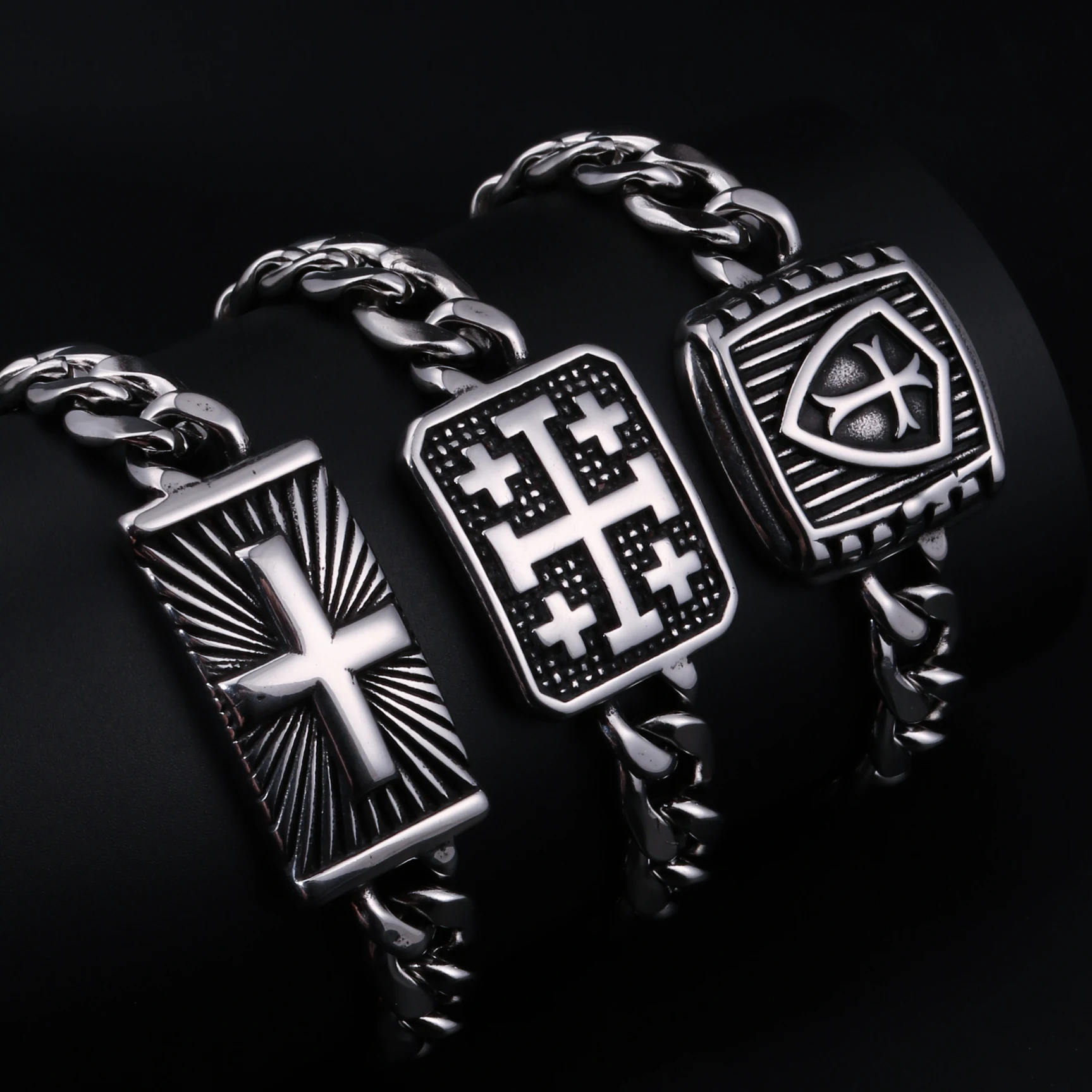 1PC INGX Medieval Stainless Steel Jerusalem Crusader Templar Cross Bracelet for Men Spiritual knights Templar Bracelet Man