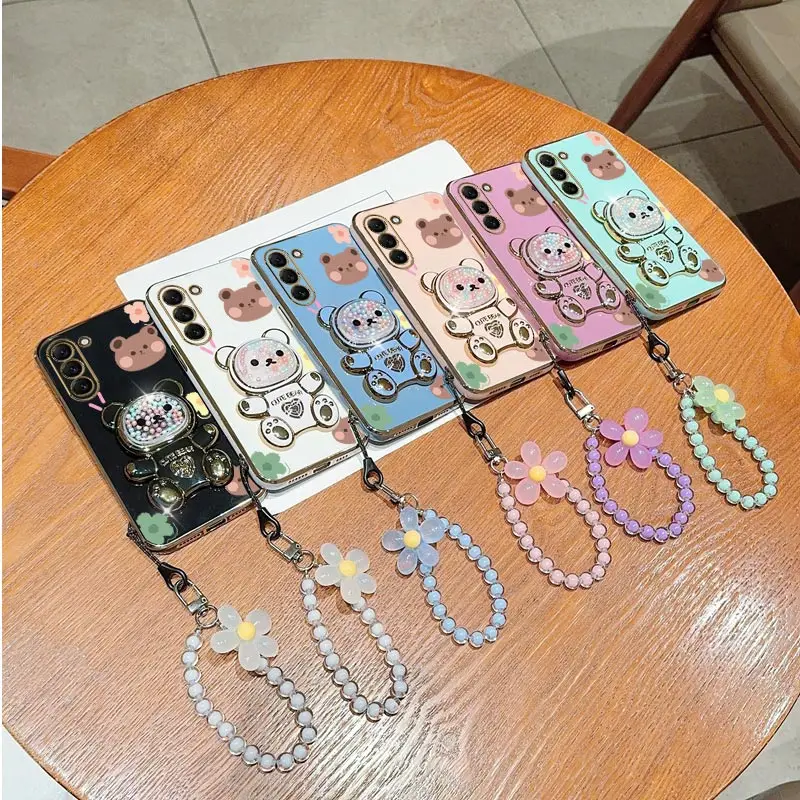 Etui na telefon Flower Strap Lanyard Cute Bear do Samsung Galaxy S24 S8 S9 S10 S20 S21 S22 S23 Ultra Plus FE Stand Cover