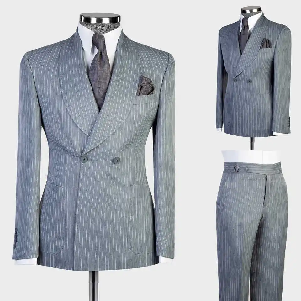 

Elegant Pinstriped Wedding Suits For Groom Shawl Lapel Tuxedos Double Breasted Party 2 Pcs Jacket with Pants Customized
