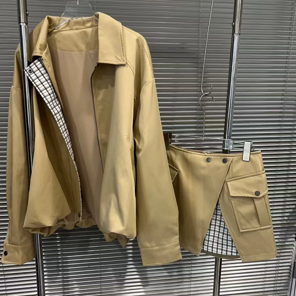 TWOTWINSTYLE Khakl Spliced Pocket Two Piece Set Female Lapel Long Sleeve Jacket Streetwer Women's Skirt Set Fashion New Style view 6