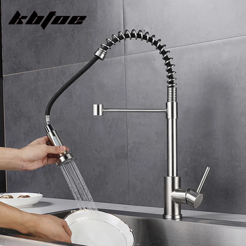 

Pull Out Sprayer Kitchen Faucet 360° Rotation Stainless Steel Single Handle Deck Mounted Cold Hot Water Spring Sink Mixer Tap