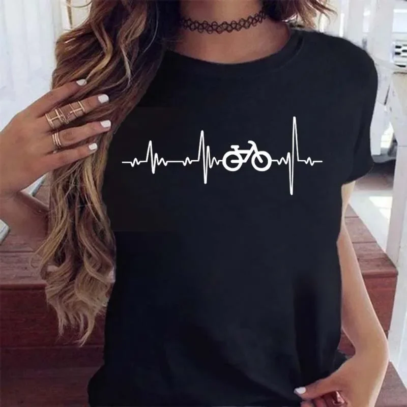 Maycaur Women Cartoon Bicycle Heartbeat Print T Shirt 90s Fashion Trend Lady Tee Graphic T Top Female Tshirts Clothes T-Shirt