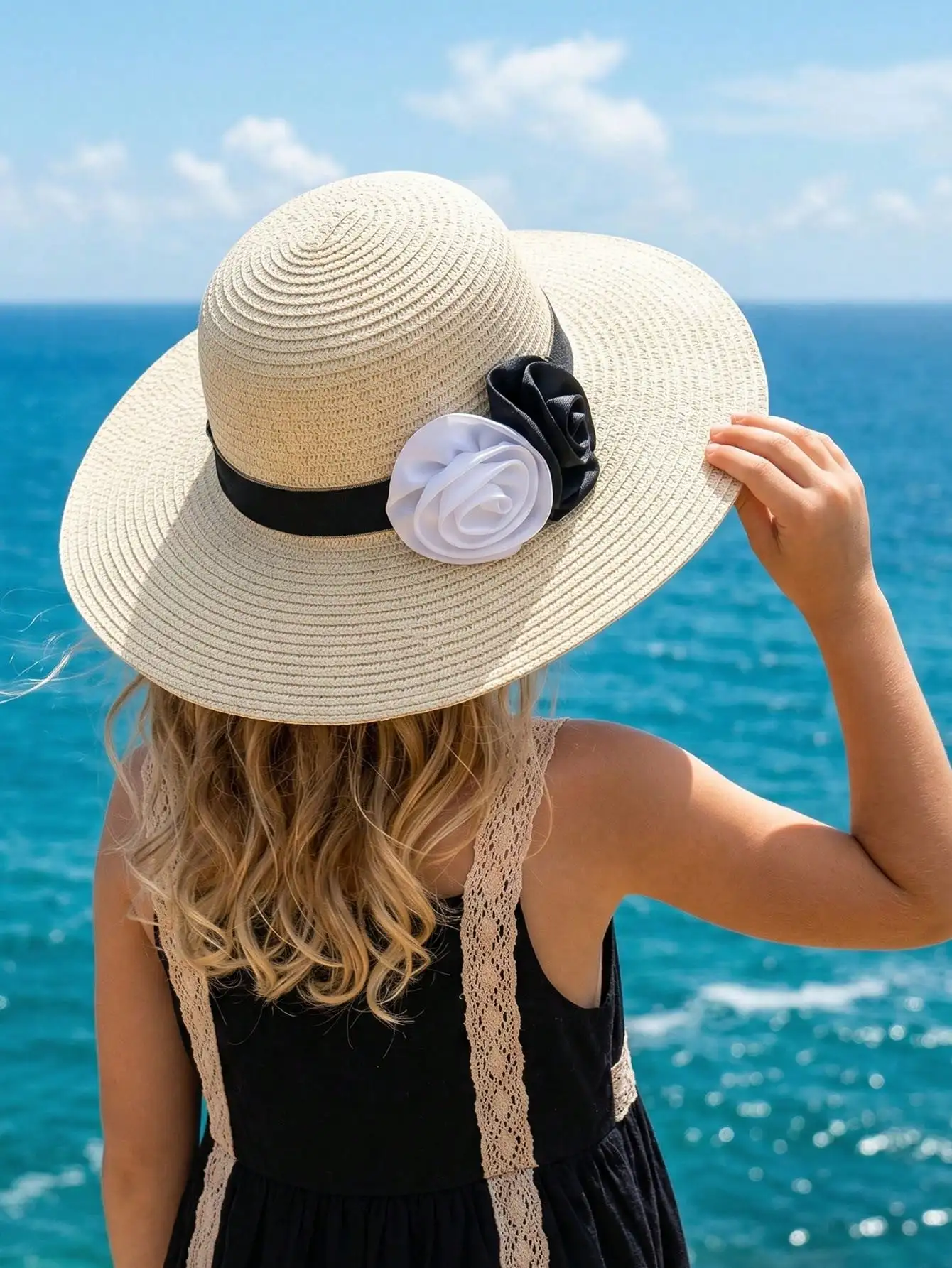 

1Pc 3-8Y Girls Super Wide Brim Beige Straw Hat Black White Double Flower Kids Summer Sun Hat
