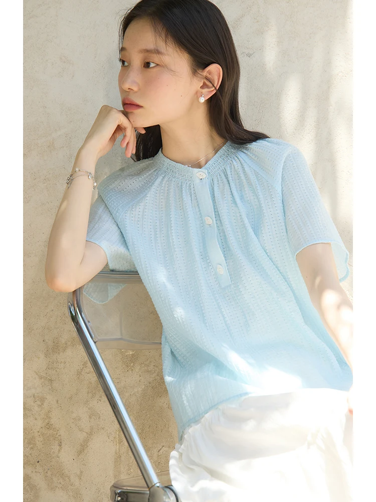 ZIQIAO Summer Thin Women Blouse Short Sleeve Lyocell Blouse+Polyester Vest Women Tops Raglan Sleeve Loose Shirts 24ZQ92481