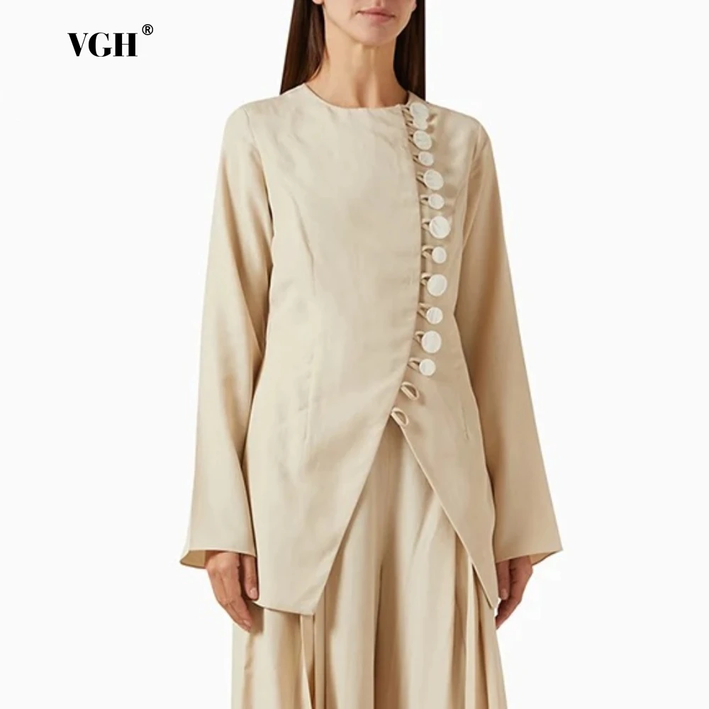 

VGH Minimalist Irregular Design Jacket for Women O Neck Spliced Single Breasted Slimming Split Hem Elegant Coats Female Spring