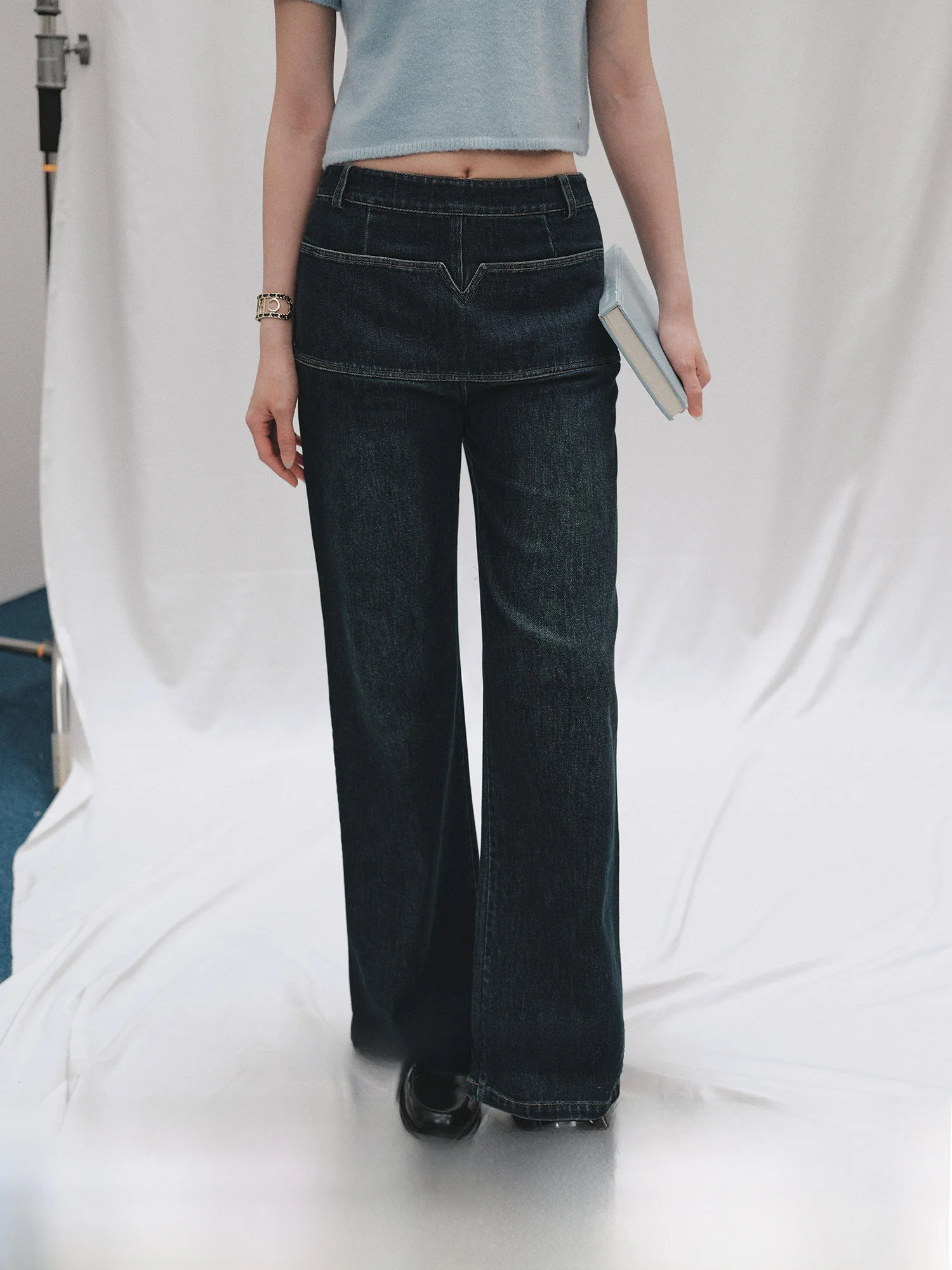 

Женские прямые джинсы La Lune Du Ciel, зимние повседневные брюки с V-образным пэчворком, удобные, из мягкого хлопка