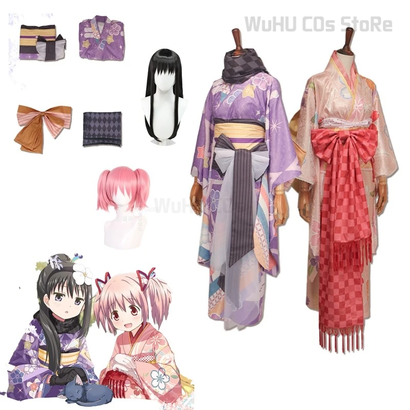 Puella Magi Madoka Magica Cos Akemi Homura Cosplay Kaname Madoka Kimono Uniforme Parrucca Vestito di Carnevale di Halloween Del Partito Vestito Delle Donne