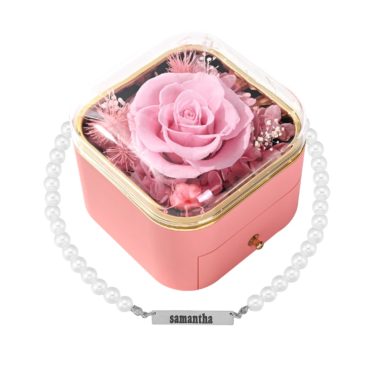 

Mother's Day Gift Eternal Rose Drawer Box Engraved Name Pendant Necklaces For Women Imitation Pearl Choker Collar REALROSE Boxes