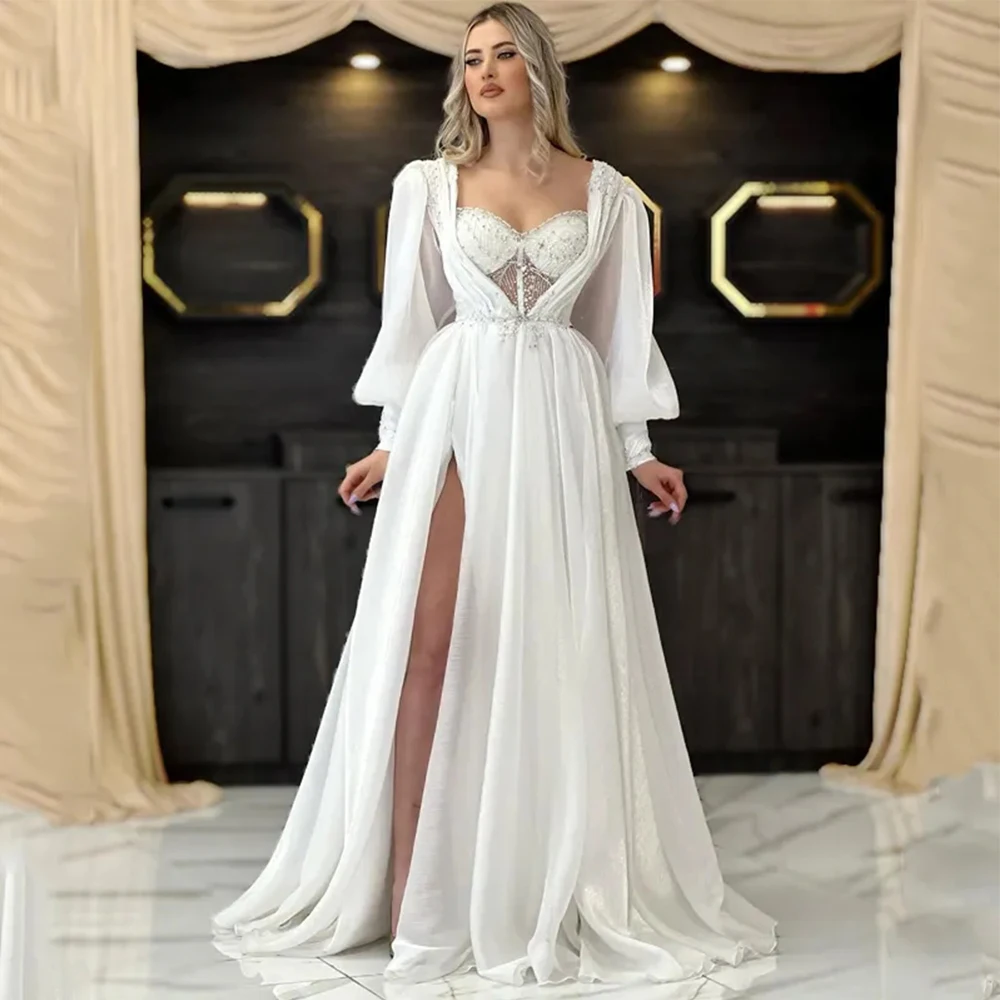 

Elegant Gorgeous Wedding Dresses For Women Exquisite Square Collar Fluffy Long Sleeves High Fork Mopping Bride Gown Custom Made