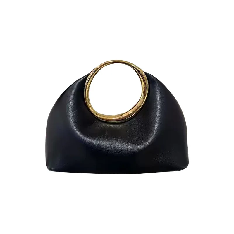 Metallic Round Handle Handbag Luxury Designer Evening Bags for Women Soft PU Leather Shoulder Bag Half Moon Cloud Clutch