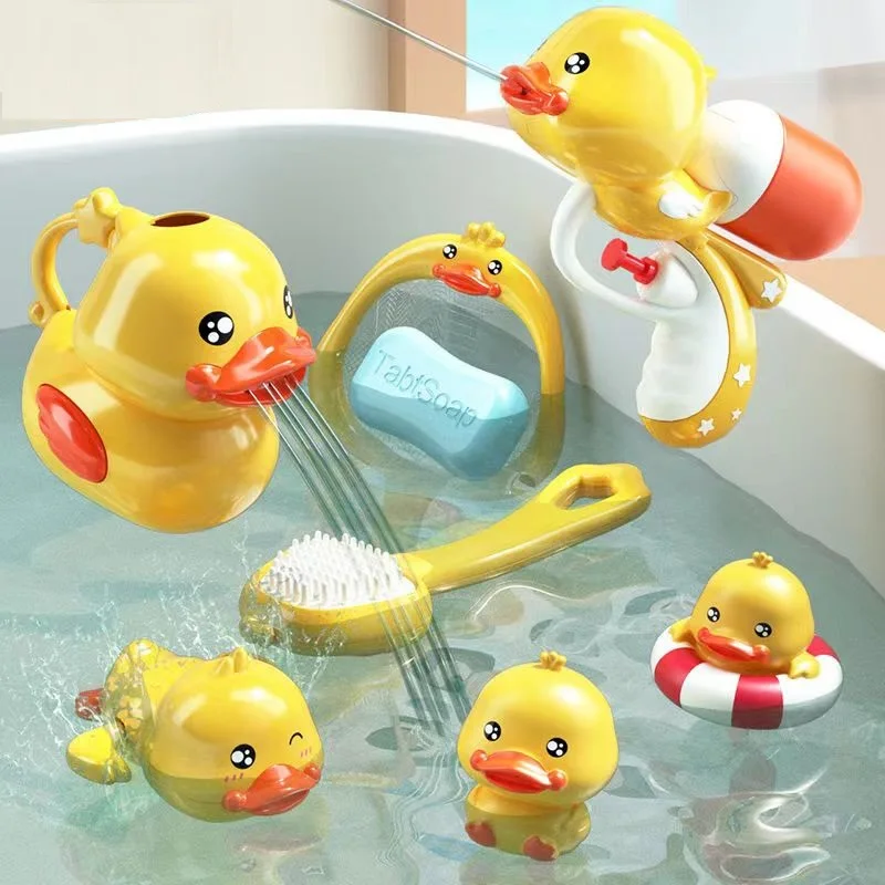 Mini Yellow Rubber Duck Baby Bath Toy Set with Rinse Shampoo Cup Swim Bathroom Play Floating Water Spray Gun Kid Toddler Shower