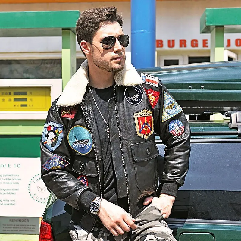 Black Autumn Pilot Leather Jacket Men Russian Military Style Europe Size Natural Sheepskin Aviation Genuine Leather Coat