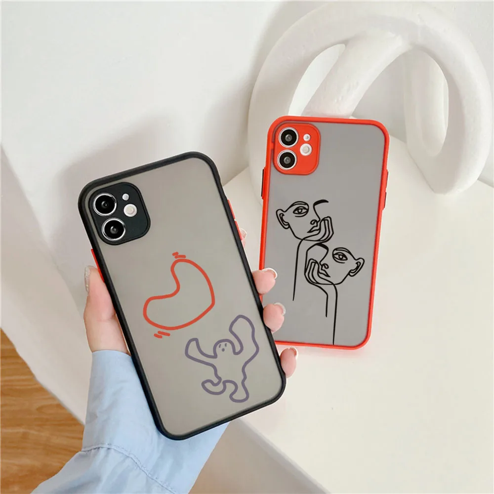 Matte Phone Case for iphone 14 15 Pro XS Max 13 8 7 Plus 12 11 XR X SE Moon Lovers Line Art Couple Translucent Case Funda Shell