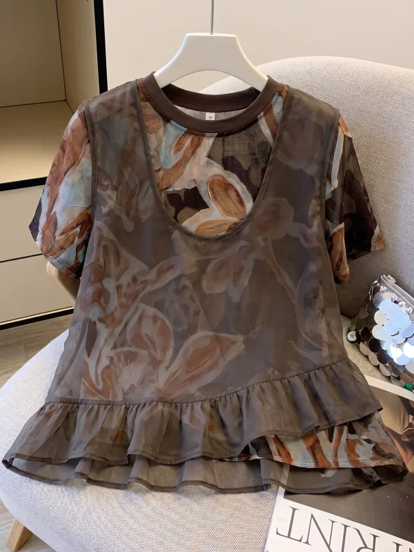 

Café Brown Short Sleeve Chiffon Vest T-Shirt Women's Fashion Anti-Aging Shoulder Length Summer New plus Size Fake Two-Piece Top