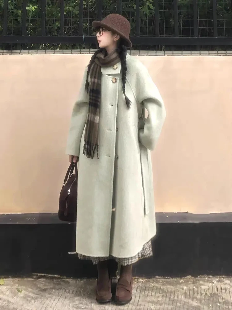 

Корейское свободное шерстяное пальто с воротником-стойкой на одной пуговице, женское зимнее новое твидовое пальто средней длины 2025, повседневное модное