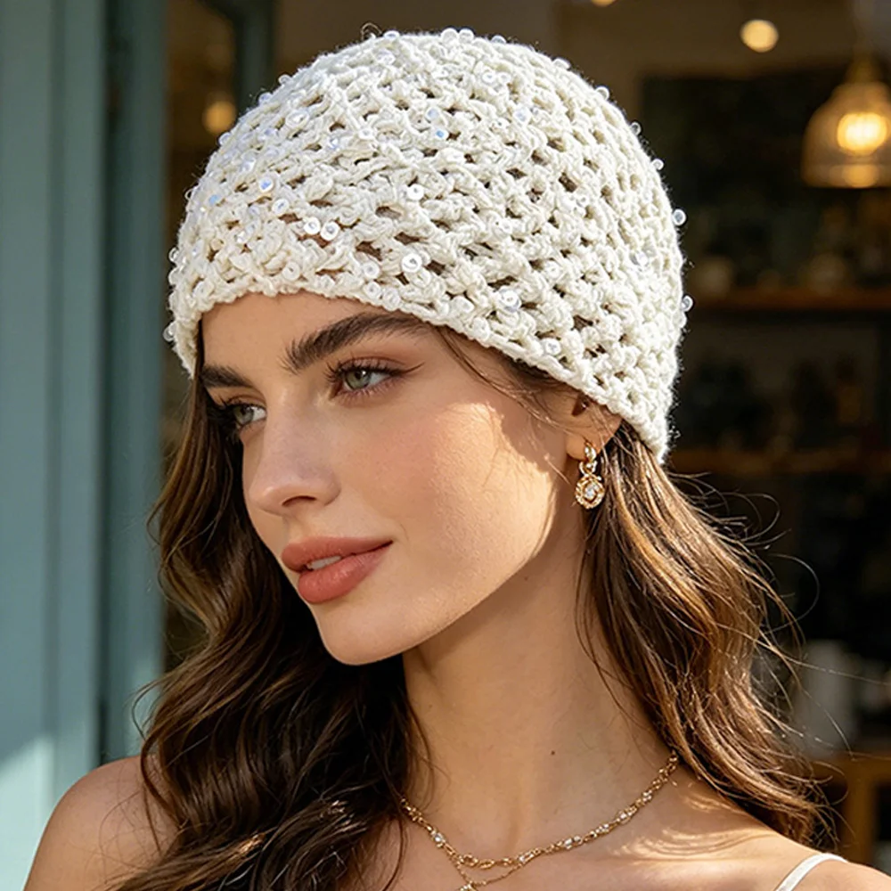 Bonnet en crochet ajouré à sequins pour femme, style Y2K, tricoté à la main, doux, respirant, chapeau d'été décontracté pour le quotidien