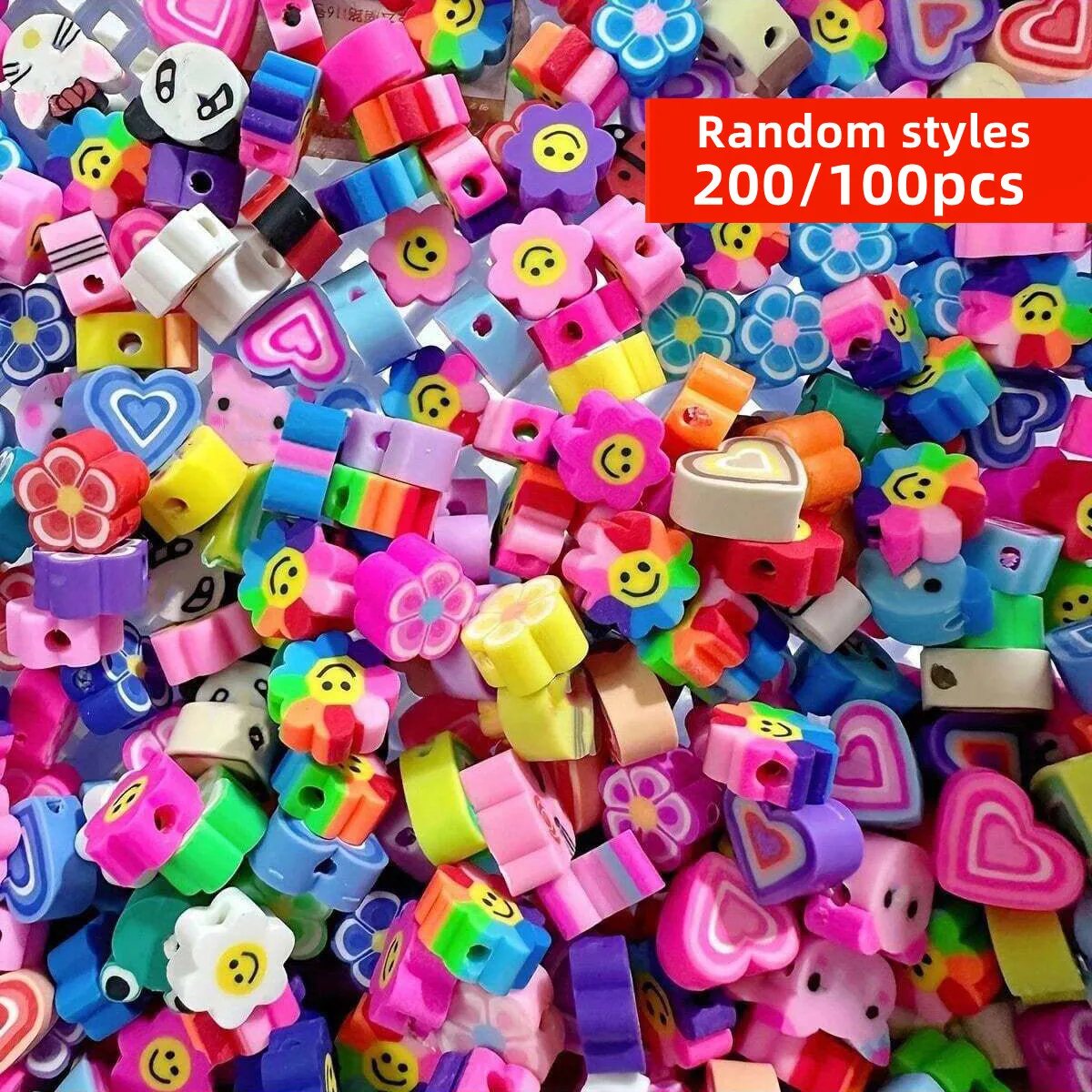 200/100 Stück 9-11mm Runde Tonperlen in zufälligen Stilen - Verschiedene Tier-, Herz- und Blumenmuster für DIY-Schmuckherstellung