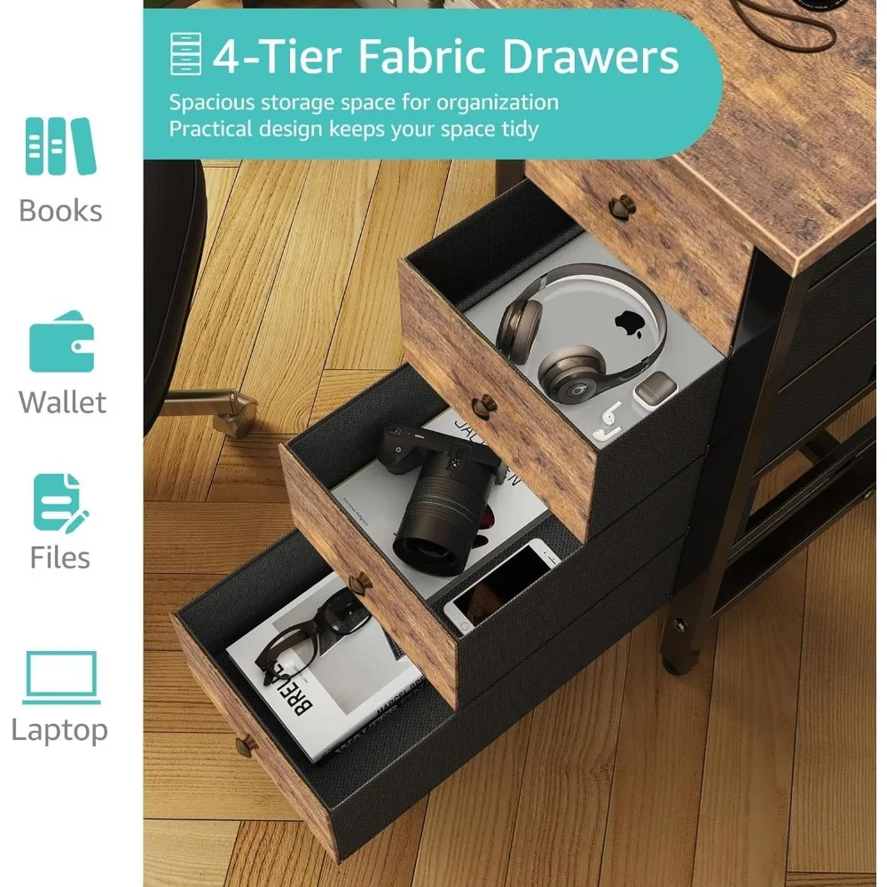 47 Inch Modern Computer Desk with 4 Fabric Drawers - Reversible Writing Study Desk for Home Office, Bedroom Use