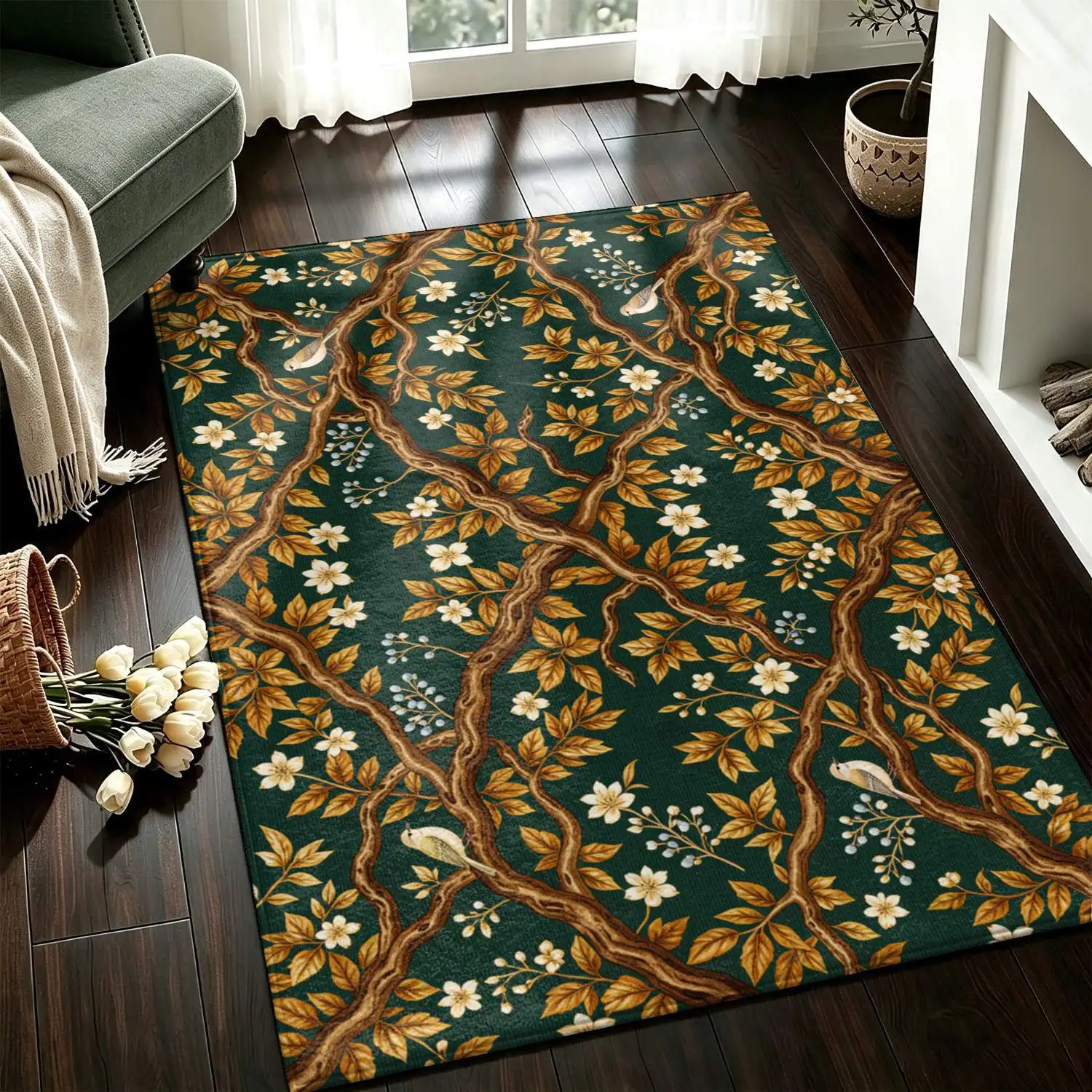 1Pc 2D Printed Carpet: Dark Green Base Floral Bird Pattern, Retro Decor, Machine Washable, Multi-Size, Multi-Scene Use