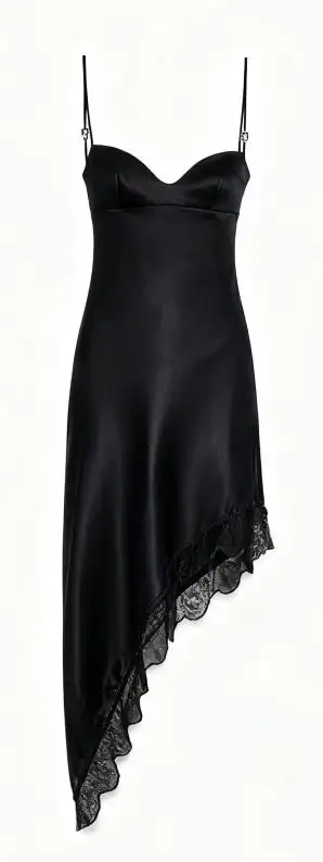 Women Lace Trim Cami Dress Slim Solid V Neck Spaghetti Strap Asymmetrical Babydoll Dress for Daily Party