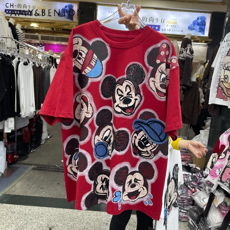 

Kawaii Clothes Short Sleeves T-shirt Ladies 2025 Autumn New Heavy Craft 3D Cartoon Top Tshirt Red Black White 3 Colors Available