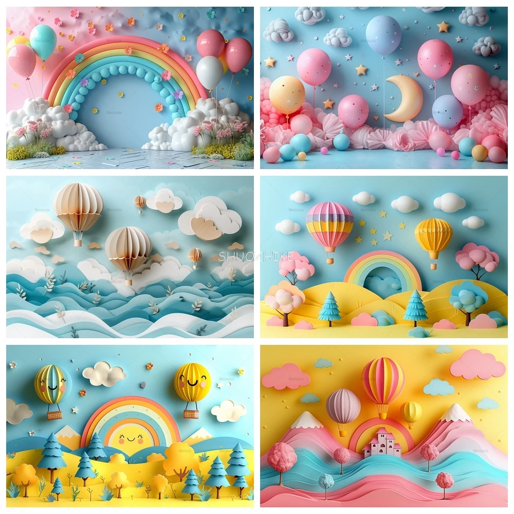 

First Birthday Girl Boy Balloon Arch Cloud Rainbow Photography Backdrops Baby Shower Photo Studio Background GB-01