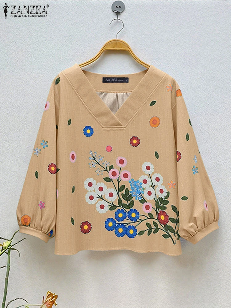 ZANZEA 2025 Fashion Women's Blouse Vintage Floral Print Shirts3/4 Sleeve V-Neck Casual Tops Autumn Famale Loose Clothing Blusas