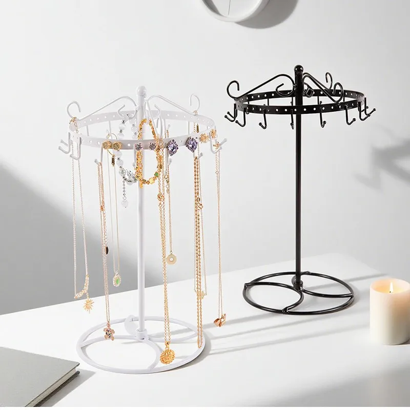 

Rotatable Round Metal Jewelry Holder Multi Hook Earring Necklace Display Stand for Home Vanity & Jewelry Shop Storage