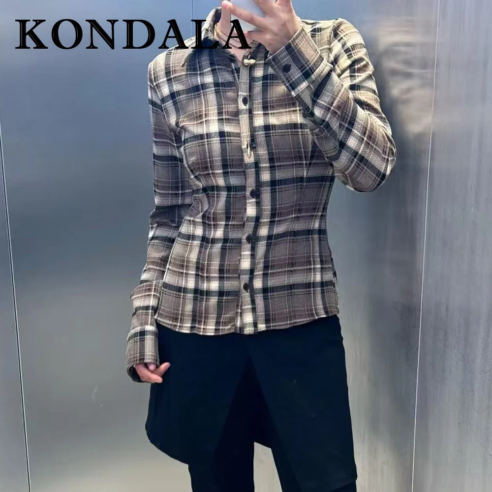 

KONDALA 2023, осенние женские повседневные клетчатые костюмы, однобортная уличная рубашка + праздничные длинные брюки на молнии, модные осенние женские комплекты