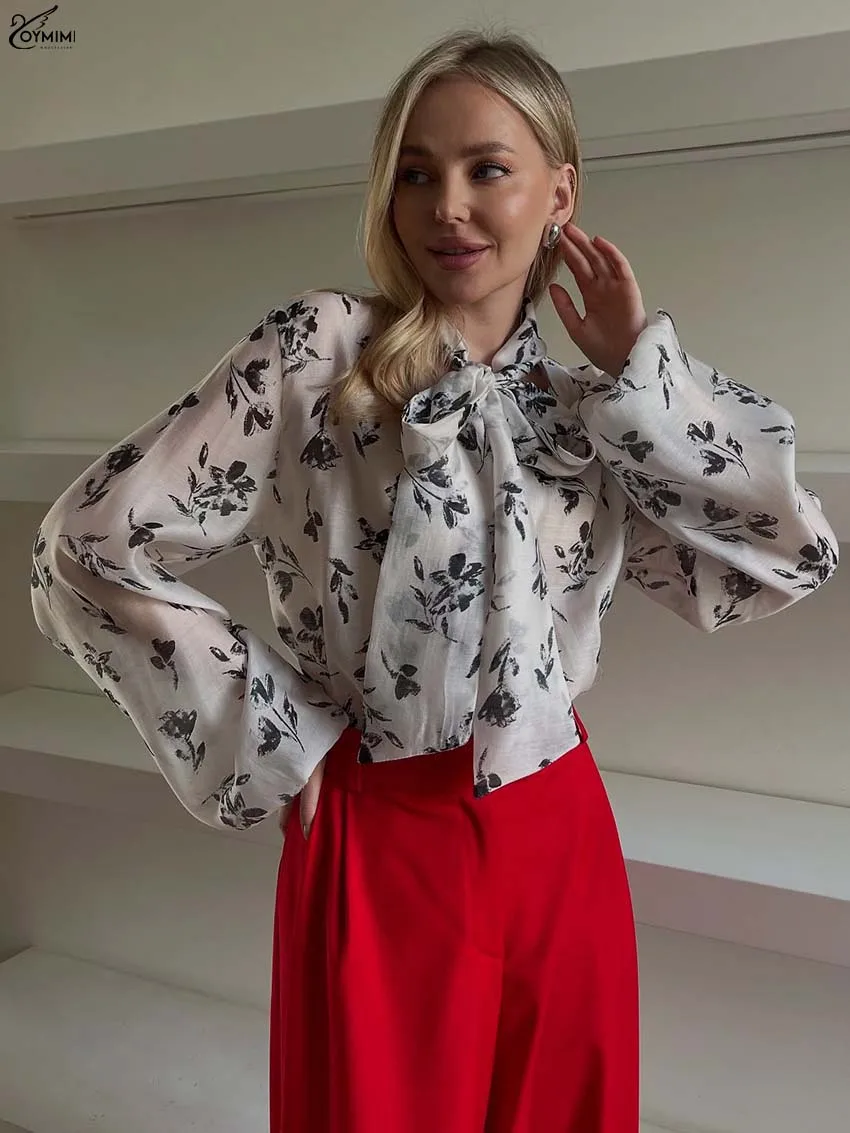 

Oymimi Casual Light Gray Print Blouses For Women Elegant V-Neck Long Sleeve Lace-Up Blouses Summer Single Breasted Slim Blouse