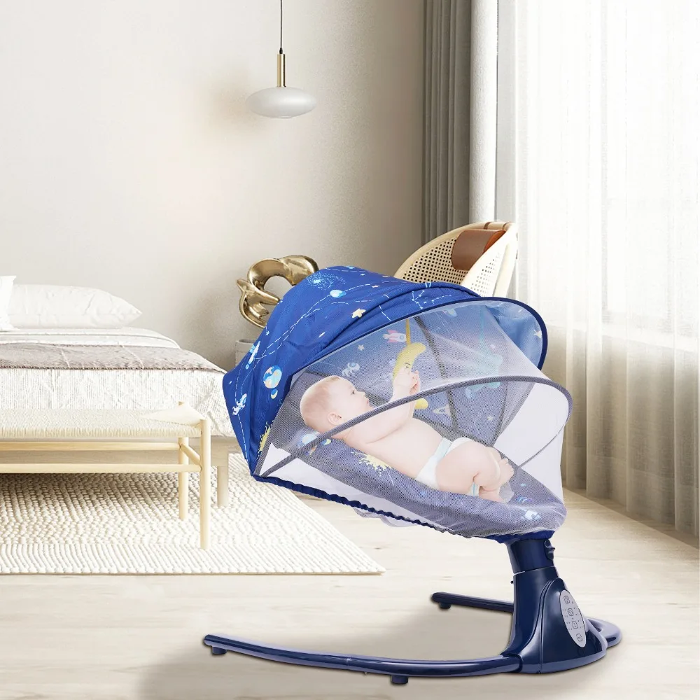 Bujak dla dziecka ze zdejmowaną siatką do łóżeczka Elektryczny odrzutnik z 4 amplitudami huśtawki i funkcją odliczania czasu (niebieski)