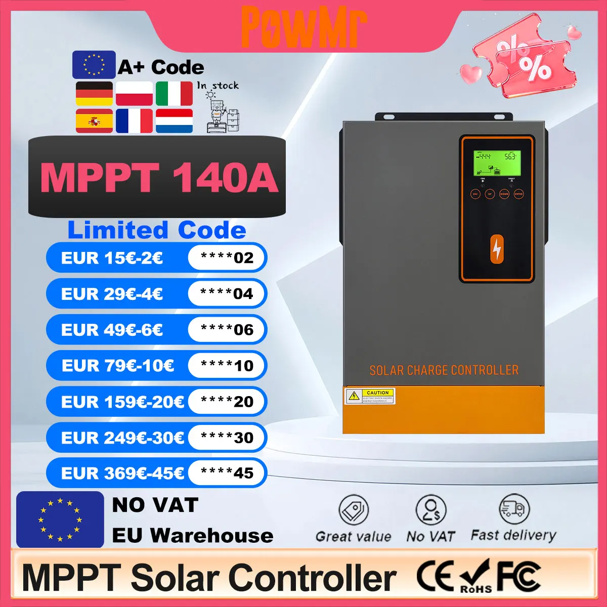 PowMr EU MPPT 140A Solarladeregler LCD-Display für 24V 48V Lithium-Blei-Säure-Batterie mit Solarpanel 60 ~ 500VDC setzen