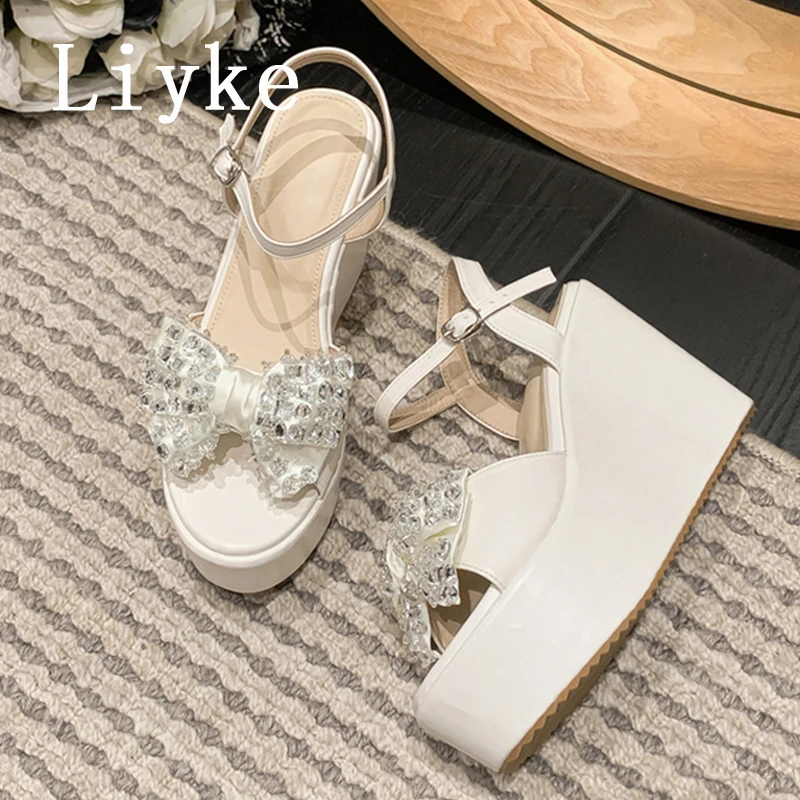 Liyke 2024 nuovi arrivi Crystal Bowknot Open Toe Platform sandali donna cinturino alla caviglia bianco zeppa tacchi alti scarpe estive femminili