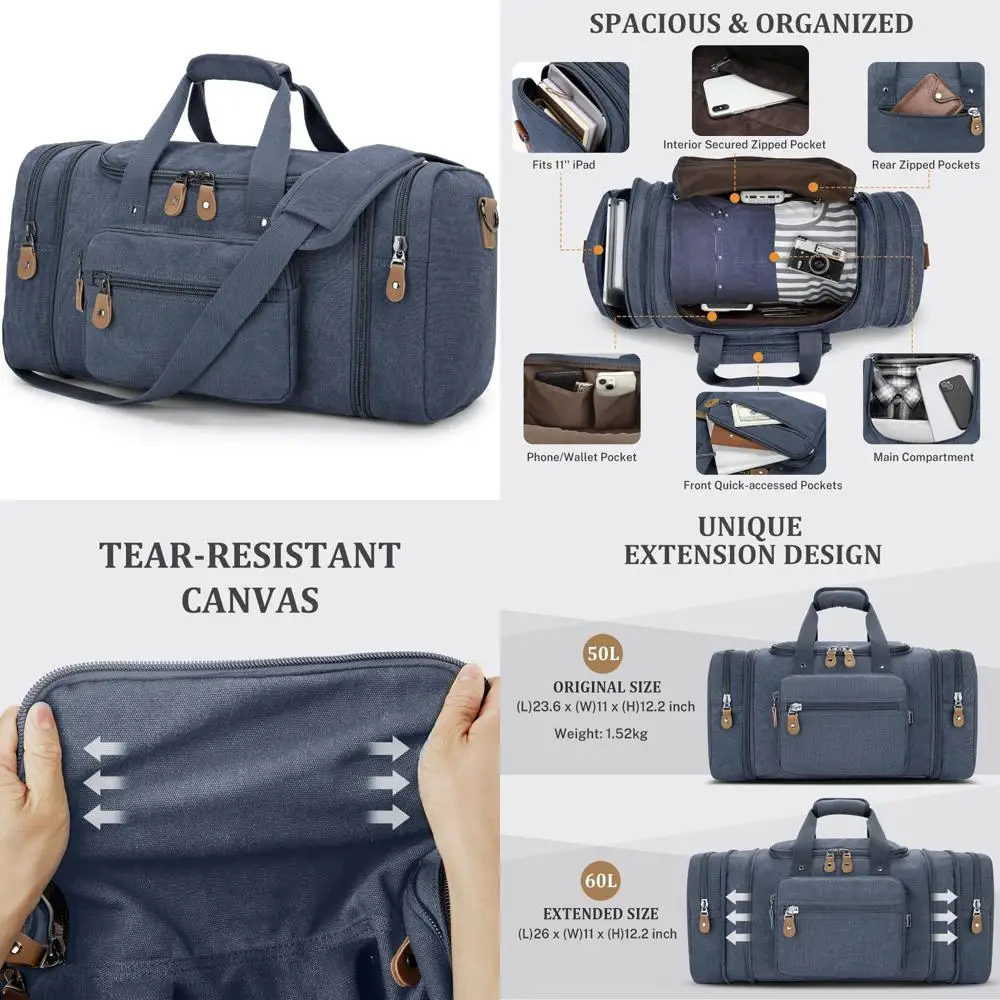 

Расширяемая дорожная спортивная сумка на 60 л для мужчин — холщовая сумка выходного дня в джинсовом синем стиле