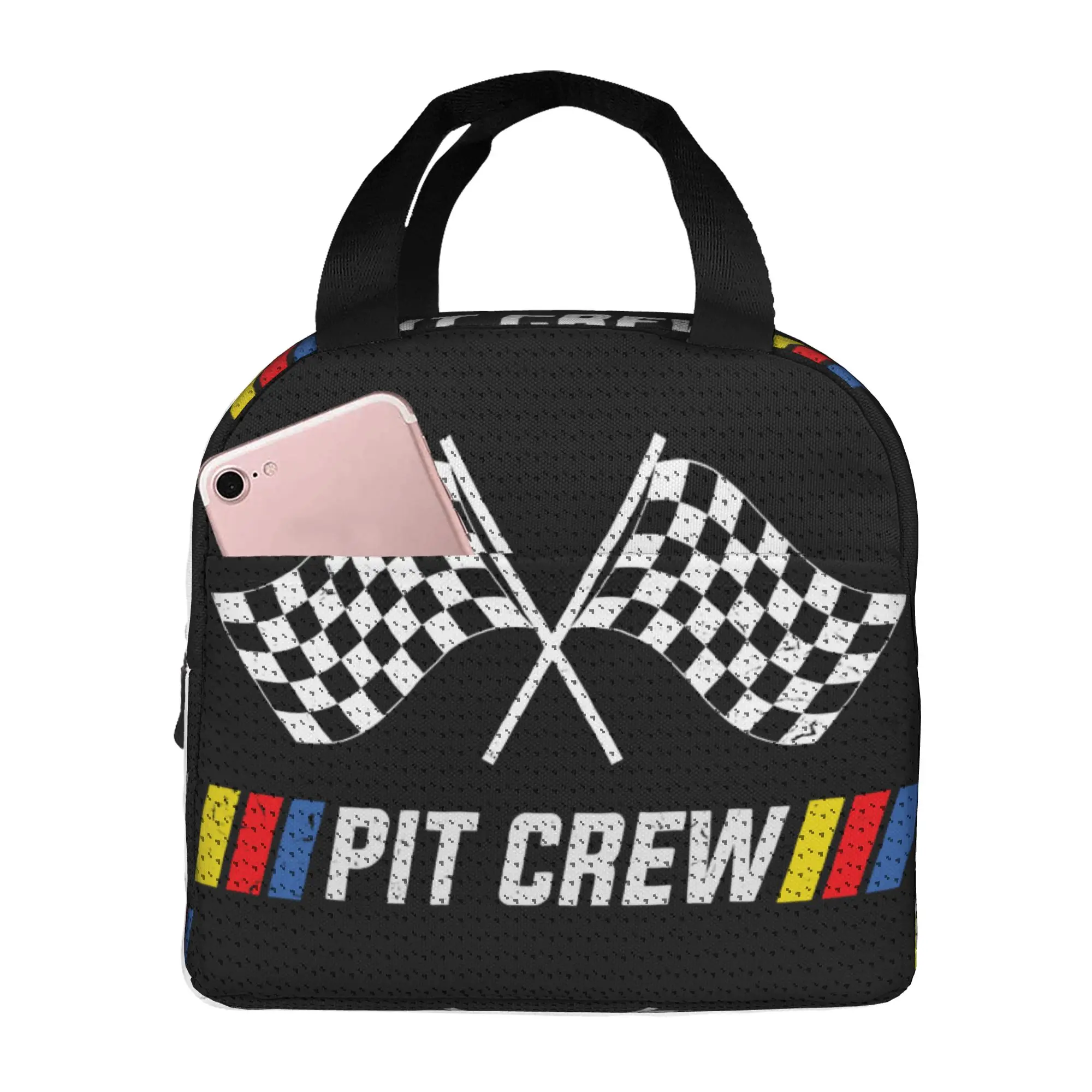 Race Car Pit Crew Checkered Flag Thermal Insulated Lunch Bag Women Racing Sport Portable Lunch Tote for School  Food Box