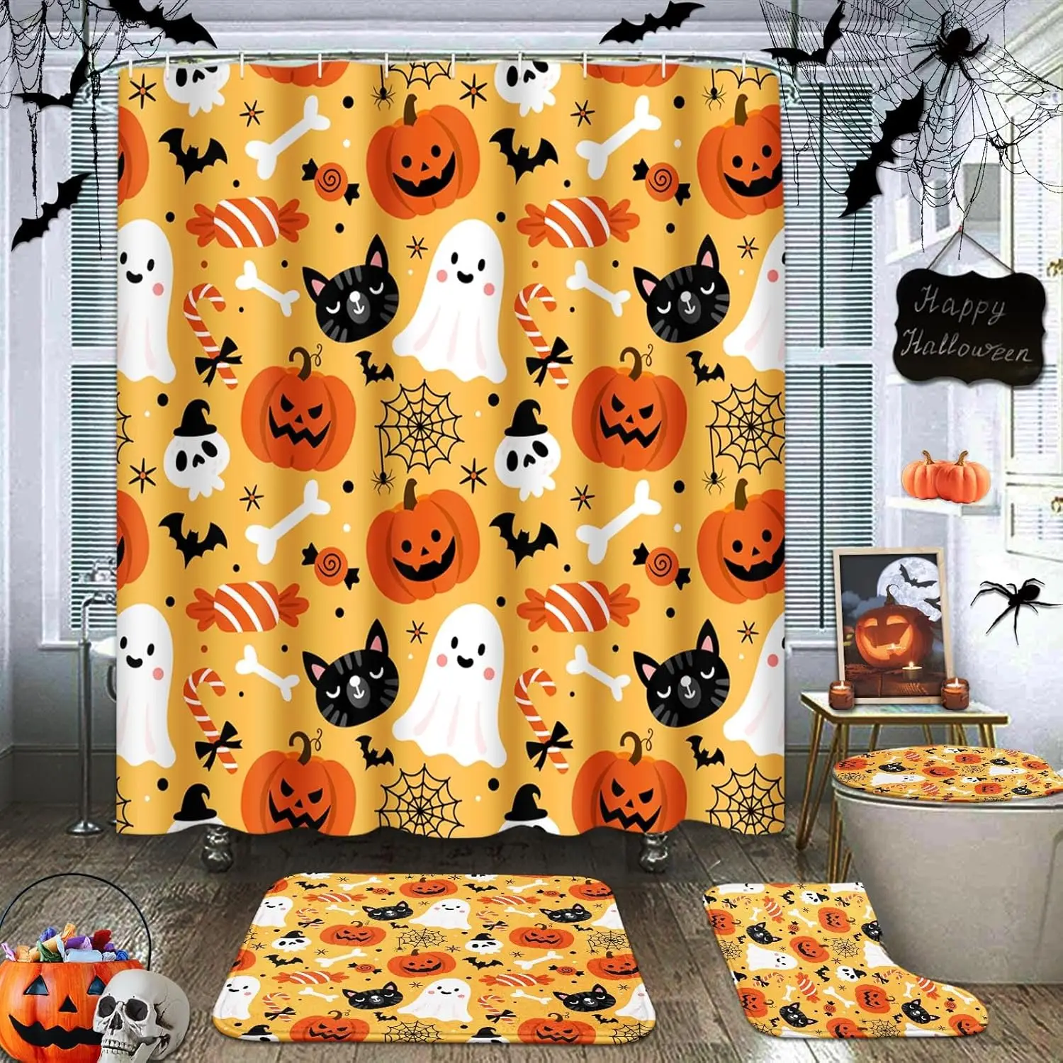 

Halloween Skull Bathroom Set with Shower Curtain, Pumpkin Ghost Cat Fall Shower Curtain, Cute Fall Autumn Bathroom Decor 4 Pcs