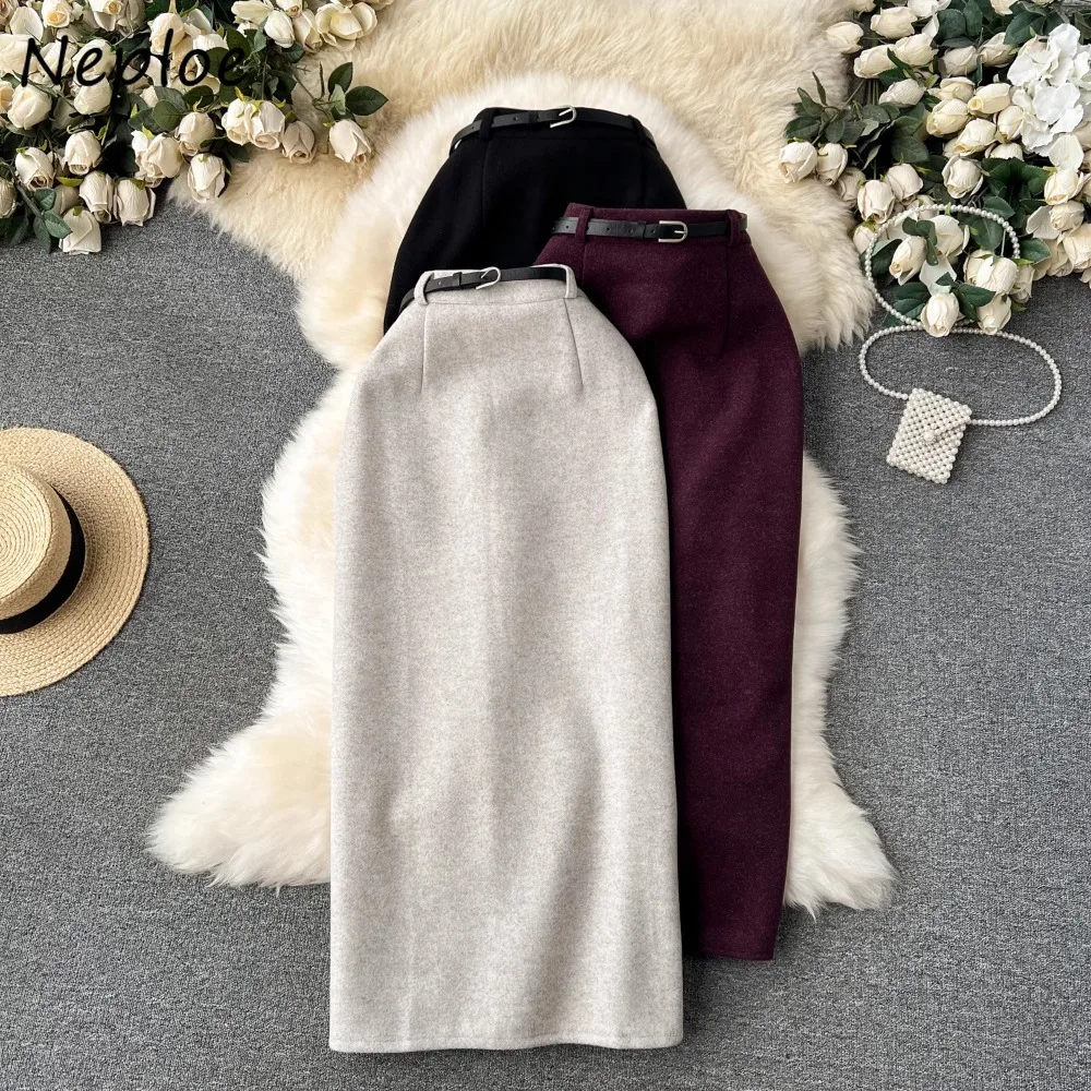 Neploe Korea Chic Woolen High Waist Belt Faldas Elegant All-match Slim Bodycon Skirt Straight Mid-length Vent Women Mujer Falda