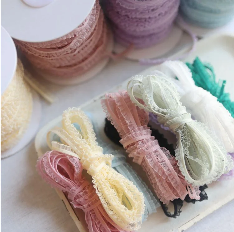 5 Meters/lot Delicate Flower Ruffle Elastic Lace Trims Thin Lace Ribbon DIY Sewing Garments Hometexile Fabric Ornaments 6mm