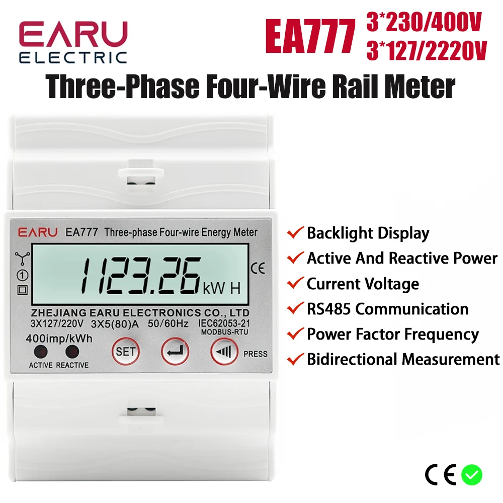 

4P 3 Phase 4 Wires Two-way Bilateral Energy Meter Electricity Usage Meter Din Rail AC 3*230/400V LCD Multifunction Display