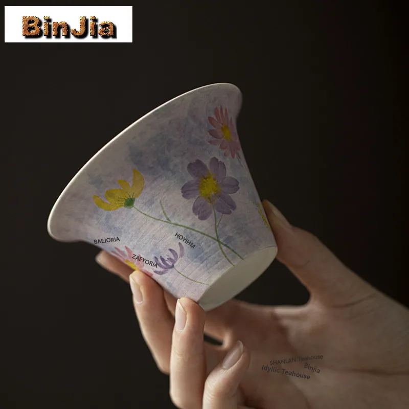 BAEJORIA 135ML Pure Hand-painted Gesang Flower Gaiwan Aesthetic Powder Yin Oil Painting Violet Tea Tureen Tea Brewing Cover Bowl