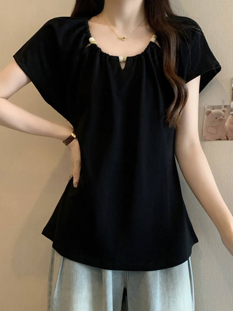 

Oversized Summer T Shirts Solid Color O Neck Tees Flying Sleeve Hollow Out Design Tops 2025 Vintage All Match Women's Clothing