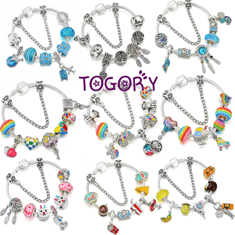 TOGORY Luxury Camera French Fries Hamburg Beads Chain Charm Bracelets For Women Men Girl DIY Bijoux Pulseras Brand Jewelry Gift