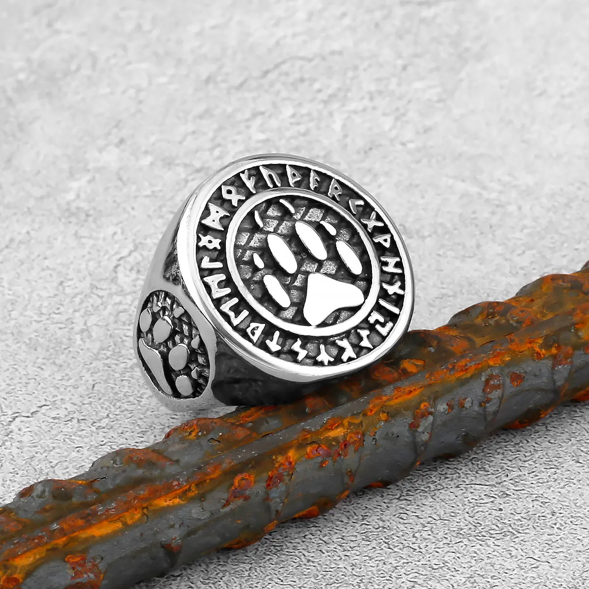 Norse Mythology Rune Ring Viking Bear Paw Stainless Steel Mens Rings Punk Hip Hop Rock for Male Boyfriend Jewelry Gift Wholesale