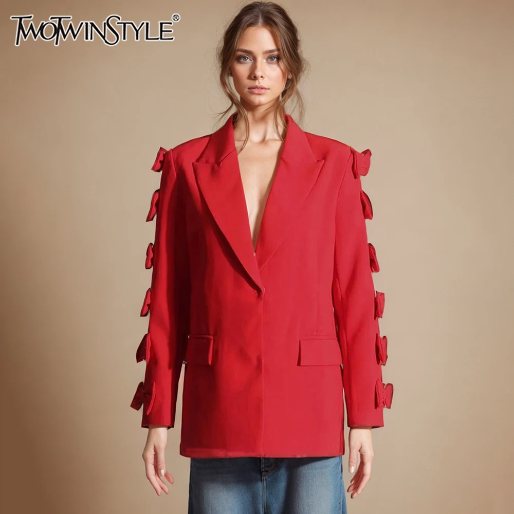 

TWOTWINSTYLE Solid Temperament Blazer For Women Notched Collar Long Sleeve Spliced Bowknot Designer Blazers Female Fashion New