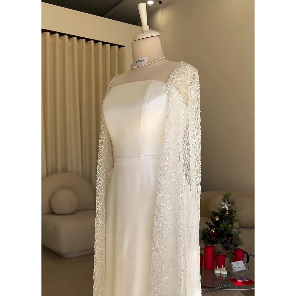 Elegant White Pearls Evening Dress for Women with Cape Sleeves 2024 Luxury Square Collar Mermaid Formal Prom Wedding Party Gowns