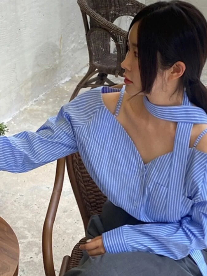 Shoulder Bared Striped Loose Long Sleeve Women's Shirt Korean Style Design Autumn Fashionable Top Casual Loose Fit Shirt